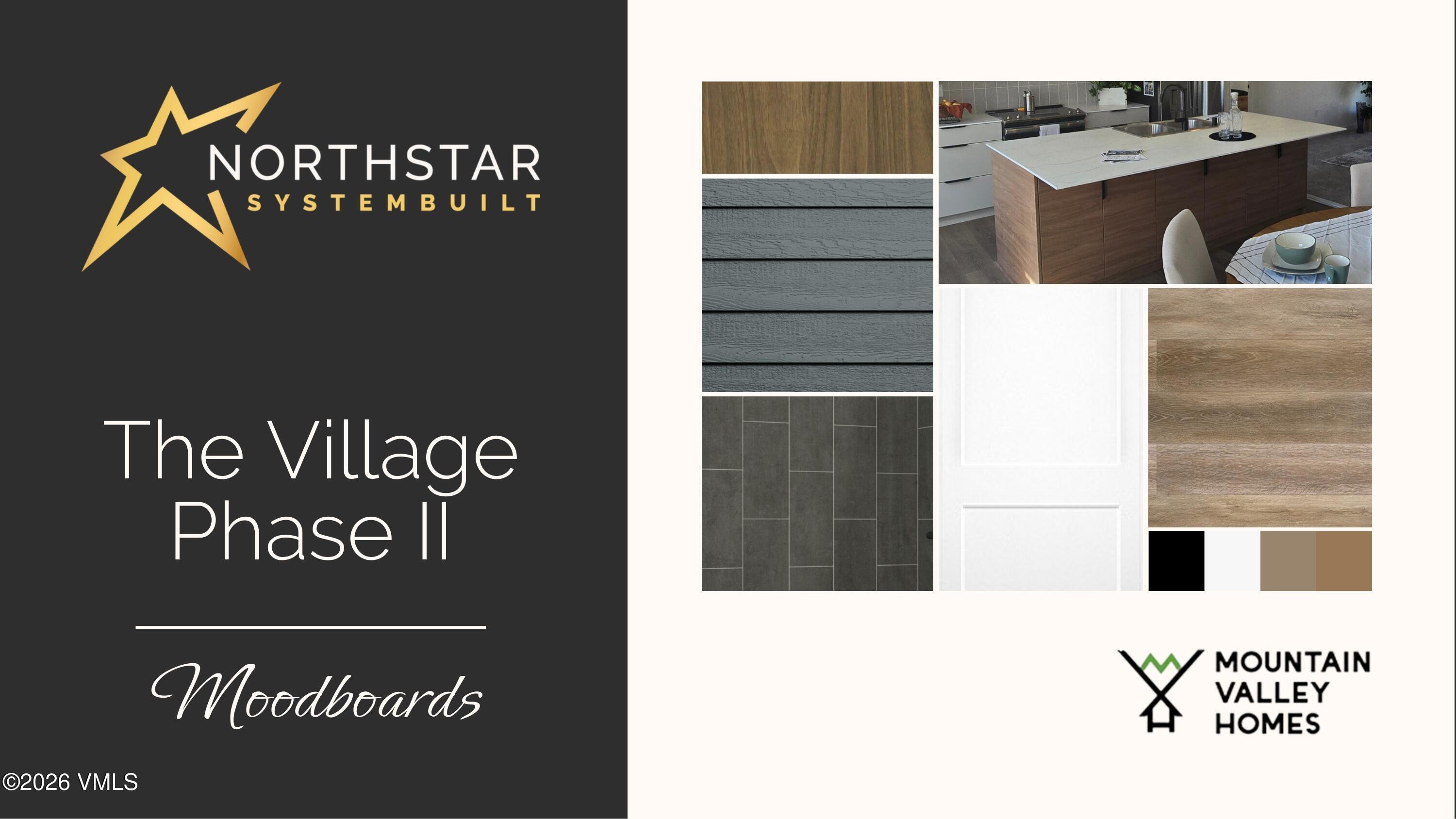 The Village Phase II moodboard with a kitchen photo, finish samples, and Northstar Systembuilt and Mountain Valley Homes logos.