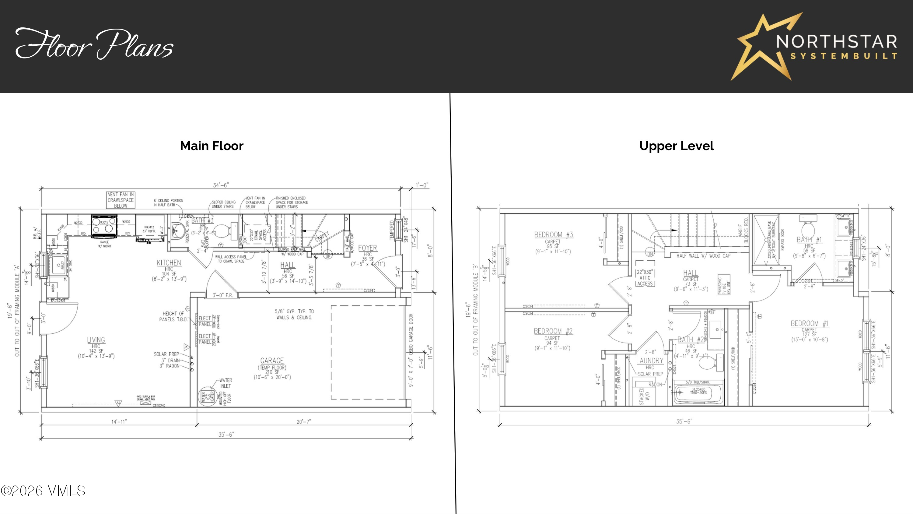 Two-level home floor plan showing the main floor and upper level, including three bedrooms and a garage.