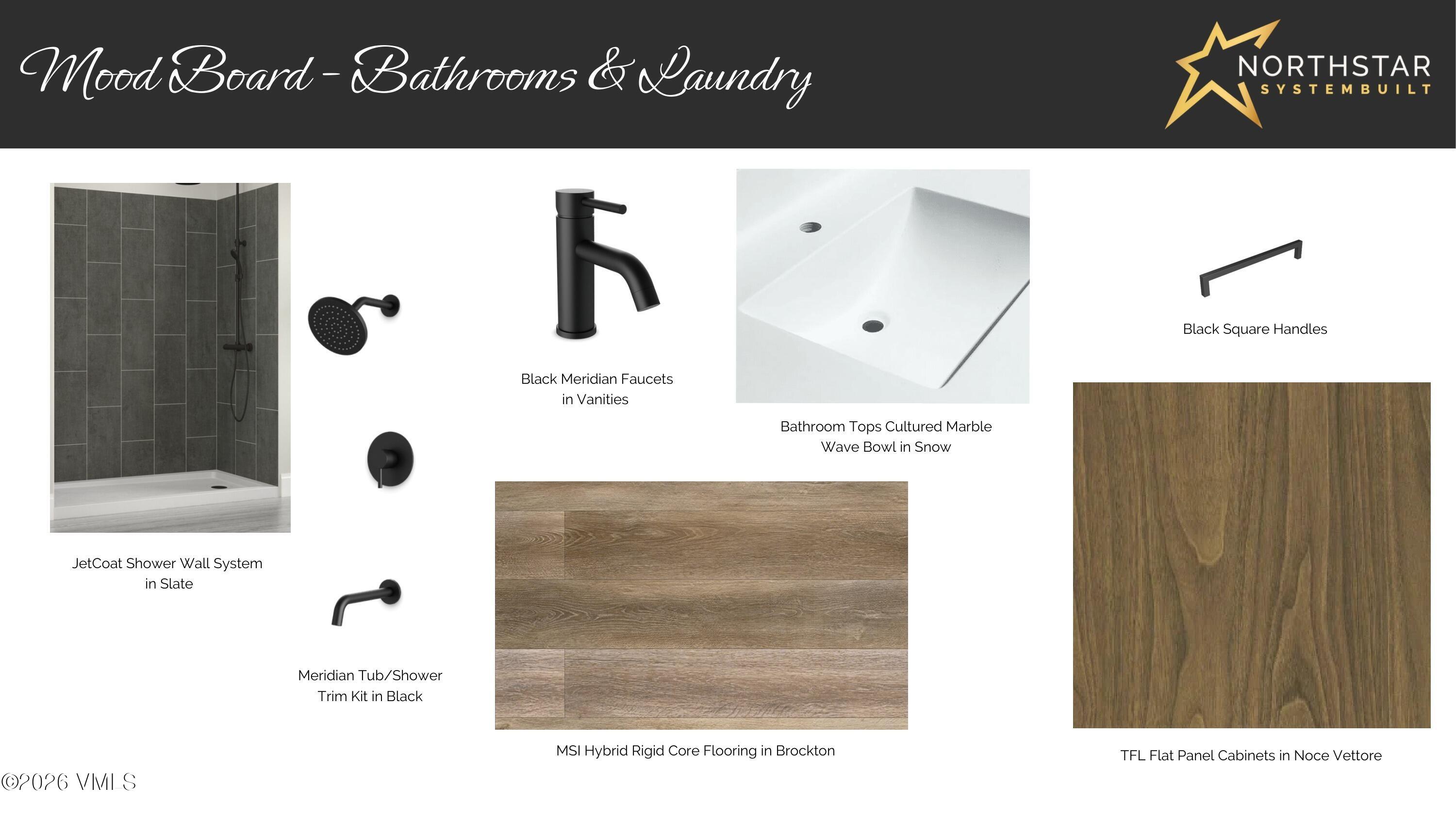 Bathroom and laundry finishes mood board with slate tile, black fixtures, a white sink, wood-look flooring, and cabinets.
