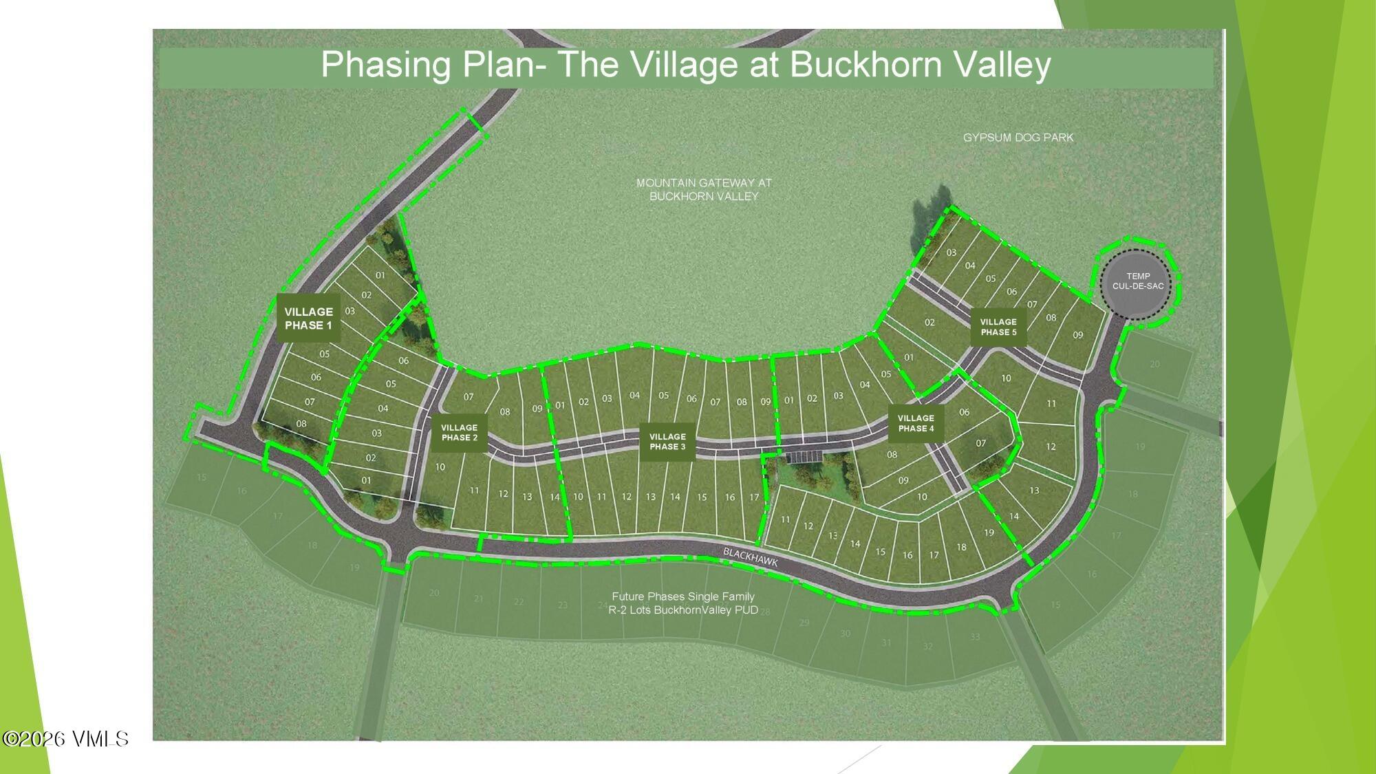 Phasing plan map of The Village at Buckhorn Valley, with five numbered-lot phases and a dog park.