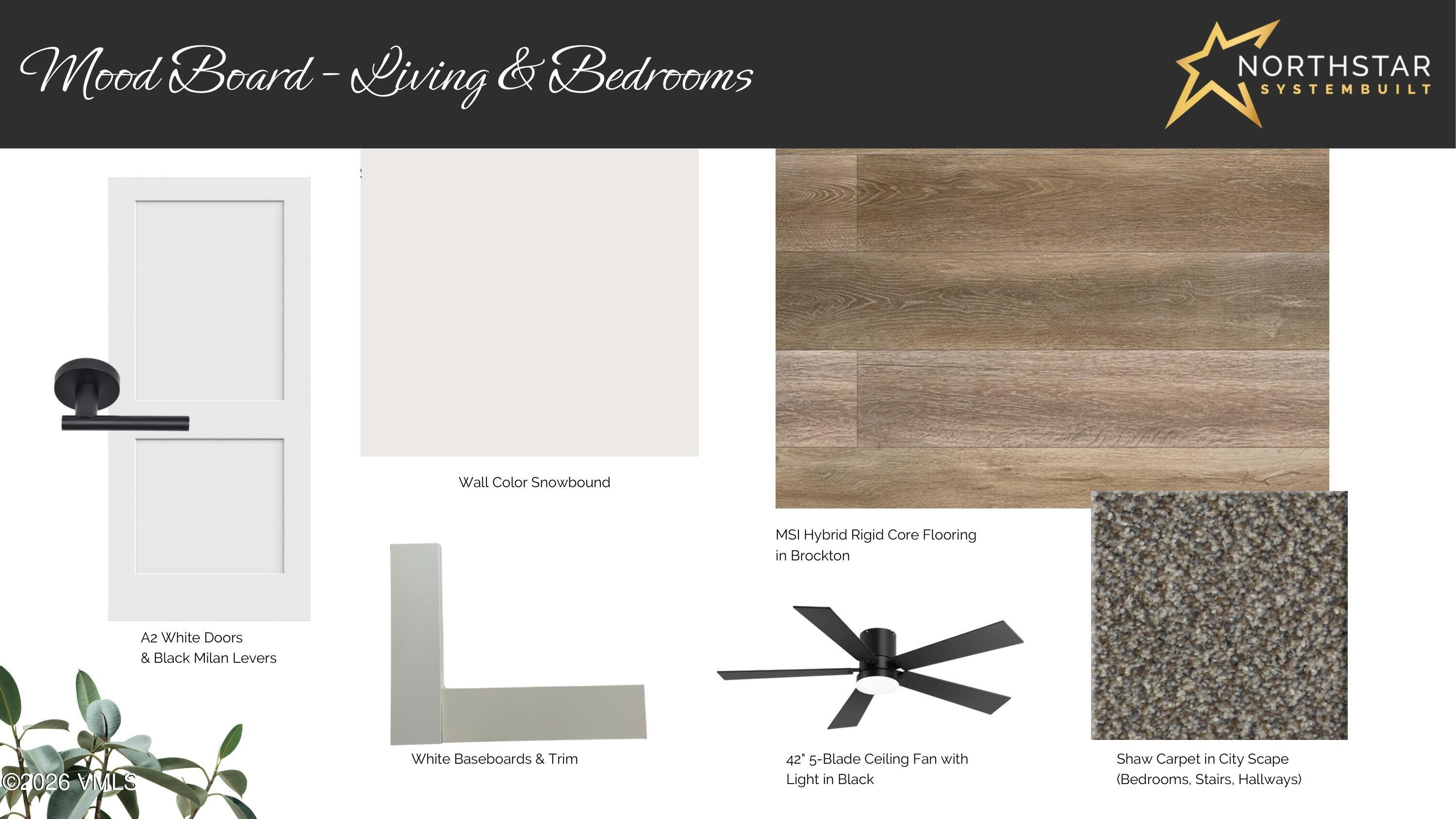 Living and bedroom finish mood board with white doors, wood-look flooring, white trim, black fan, and gray carpet.