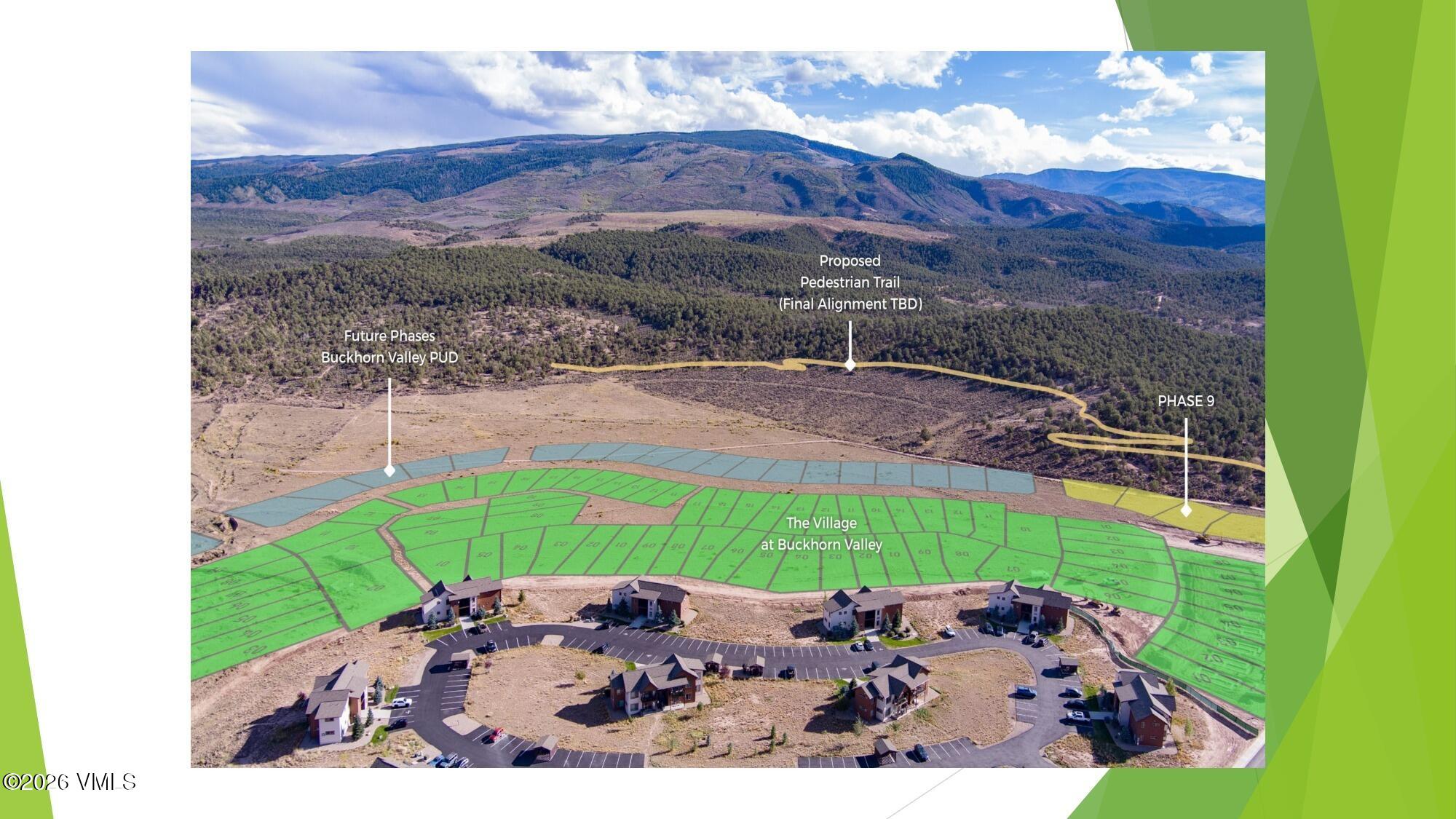 Aerial development plan with color-coded lots, existing homes, a proposed trail, and mountain ridges.