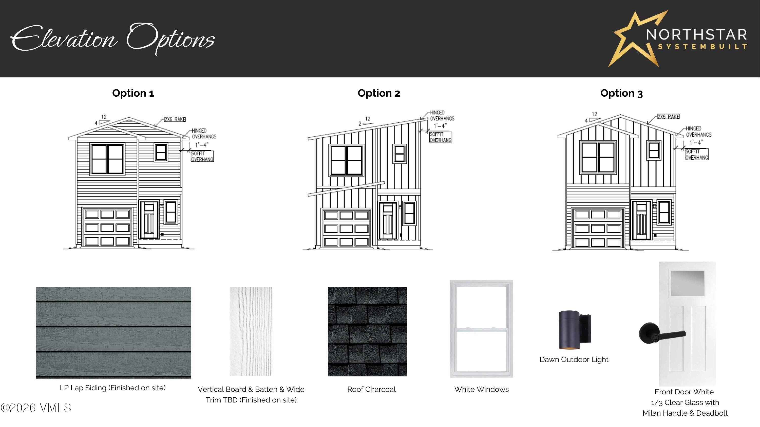 Exterior elevation and finish options for a two-story home, with three designs and material samples.