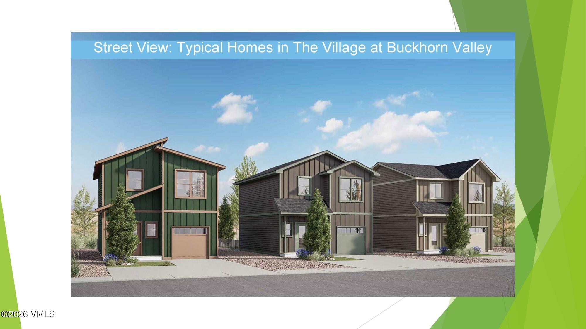 Three modern homes with garages and landscaped yards, shown in a street-view rendering.