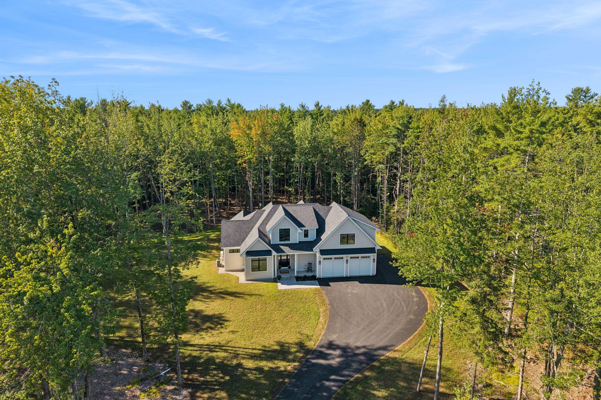 Aerial view of a gabled house and curved driveway surrounded by dense trees.