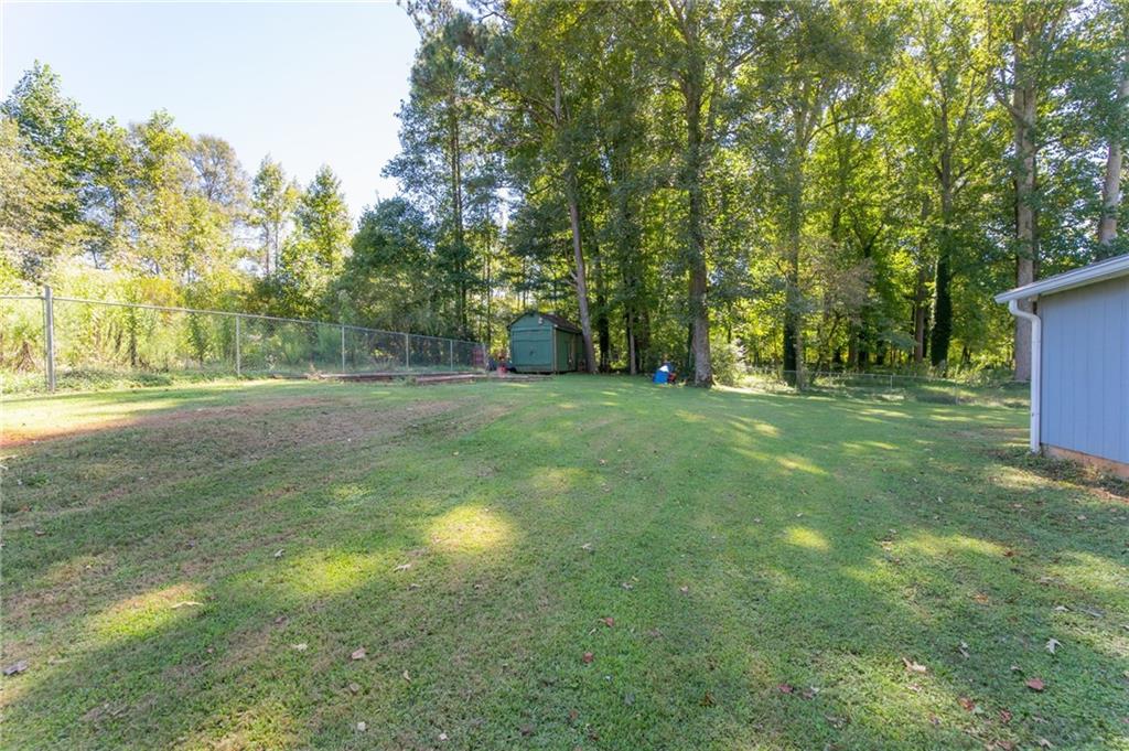Grassy backyard with mature trees, a chain-link fence, and a small green shed.