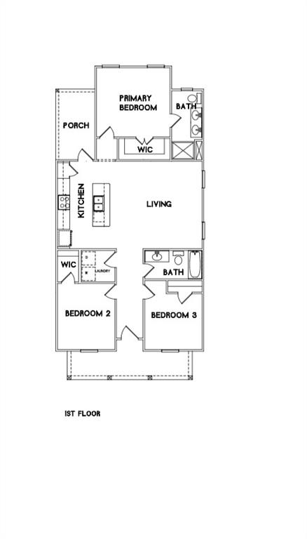 First-floor plan with three bedrooms, two baths, kitchen, living area, laundry, and porch.