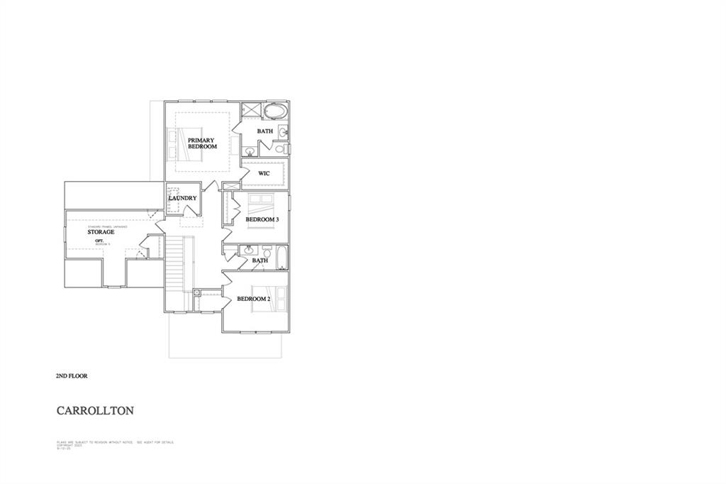 Second-floor plan with a primary bedroom, two bedrooms, bathrooms, laundry, walk-in closet, and storage.