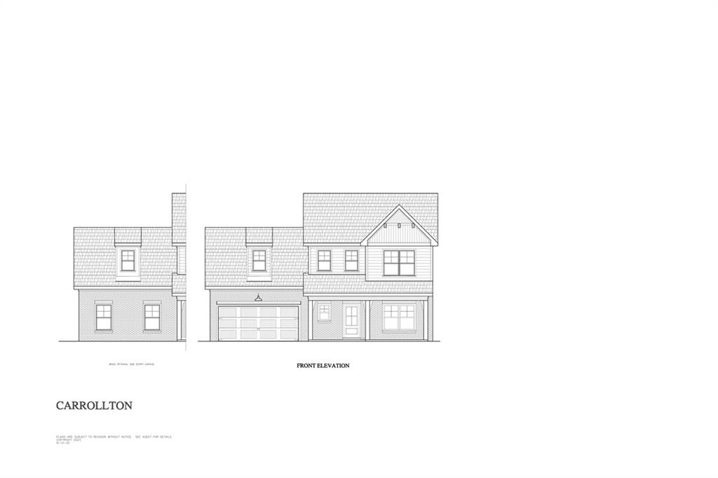 Architectural drawing of a two-story house with a front-facing garage and side elevation.