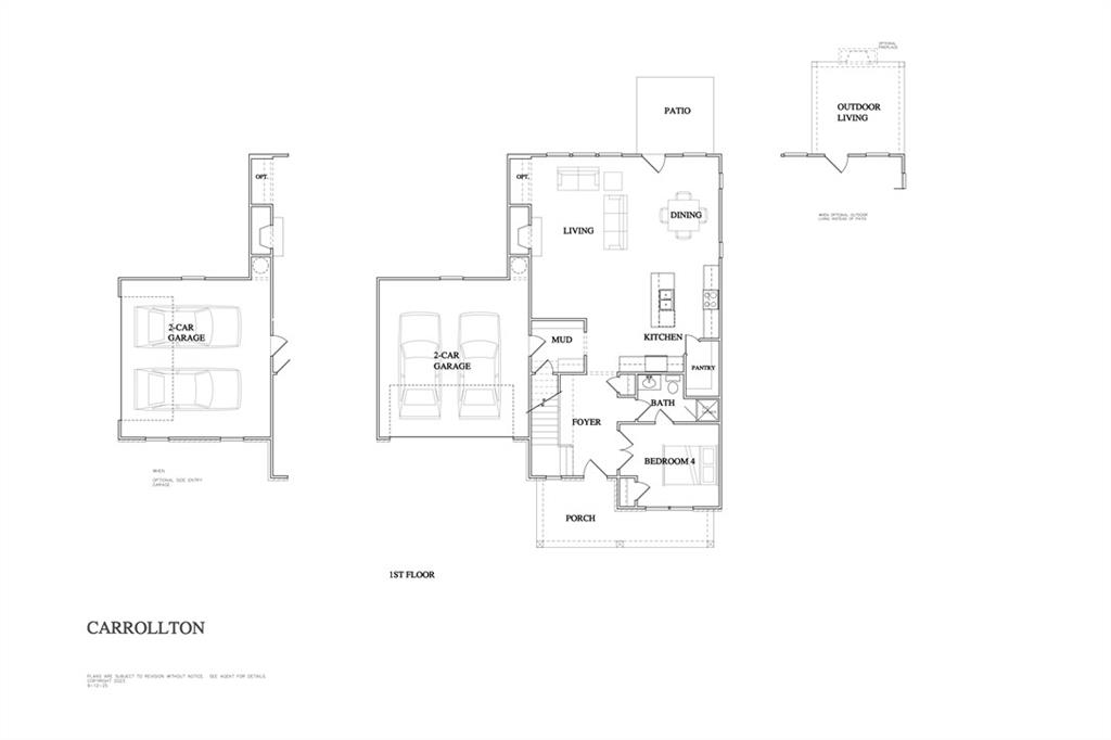 First-floor plan with a two-car garage, bedroom, porch, patio, and outdoor living area.
