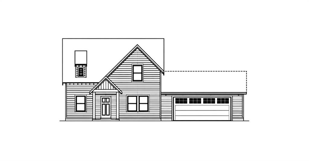 Front elevation of a two-story house with gabled roofs and an attached two-car garage.