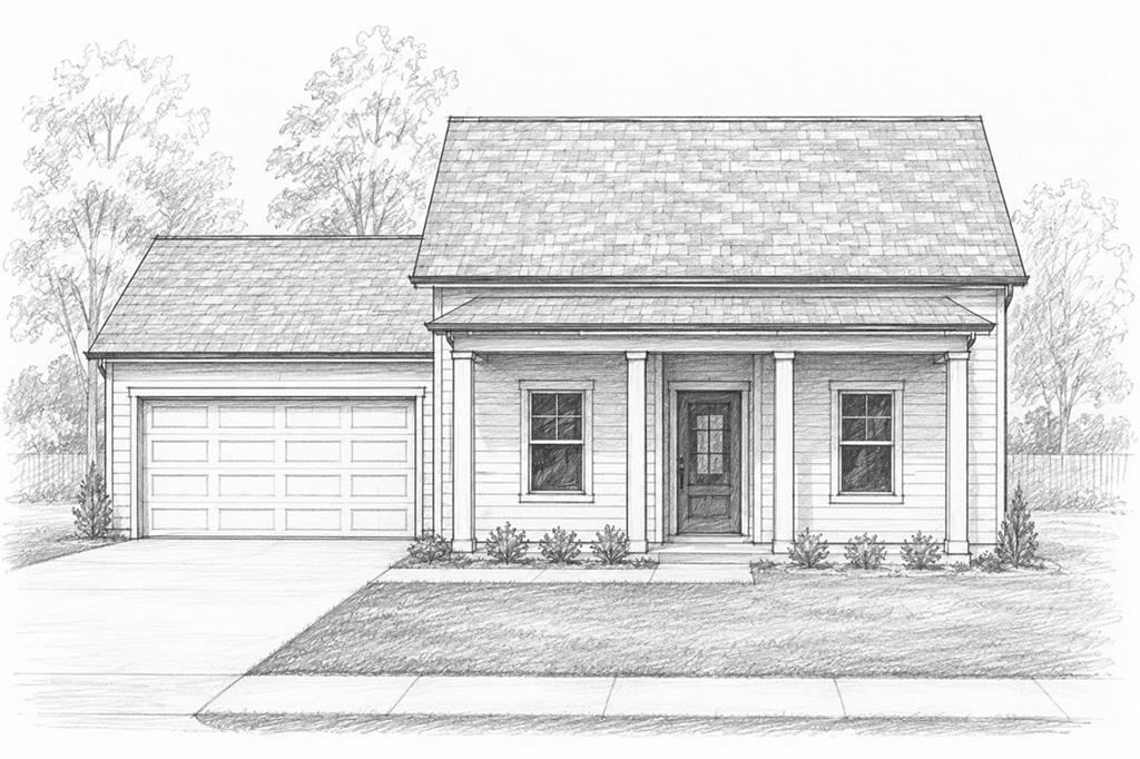 House rendering with an attached garage and columned front porch.