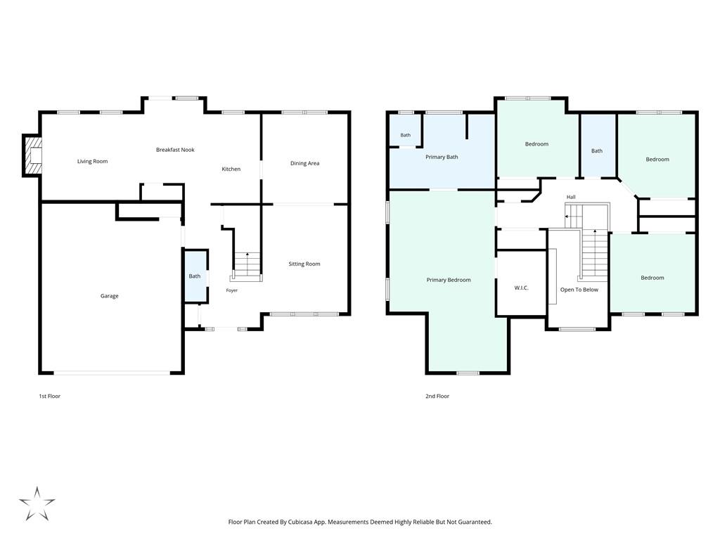 Two-level floor plan showing a first-floor garage and living spaces, with four bedrooms upstairs.