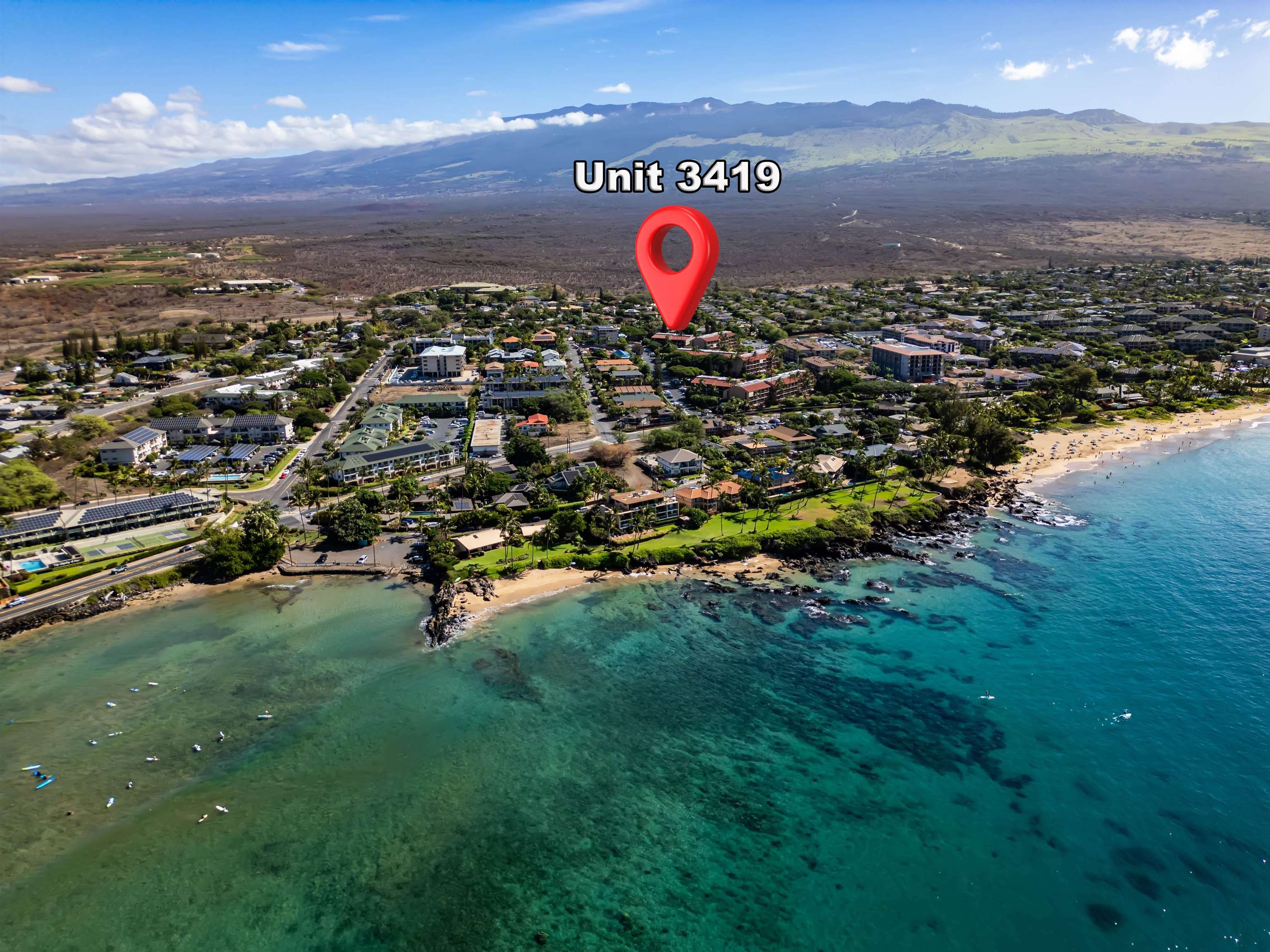 Aerial view of coastal Kihei with Unit 3419 marked near the shoreline.