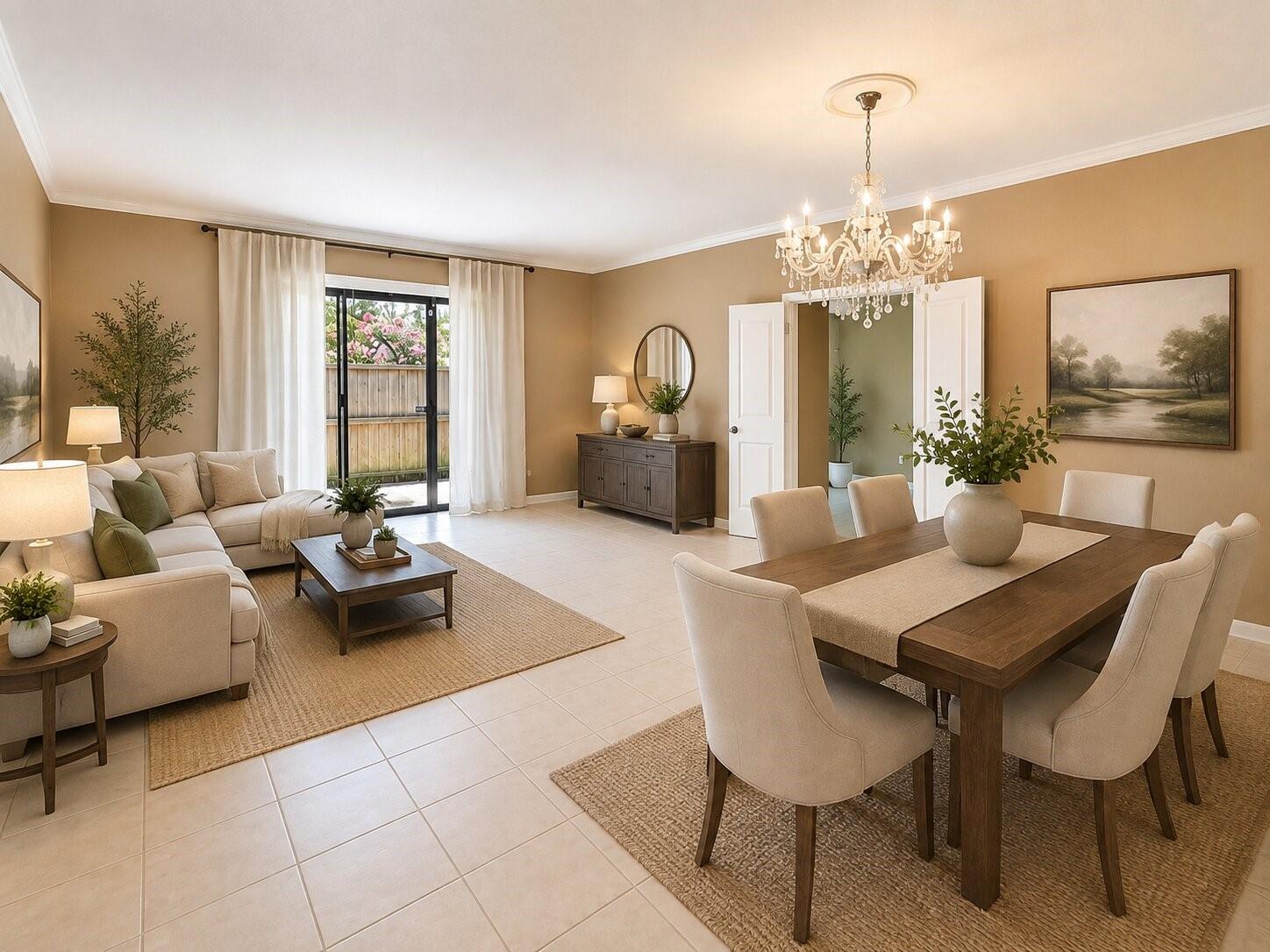 Living and dining room with a chandelier, cream seating, and sliding glass doors.