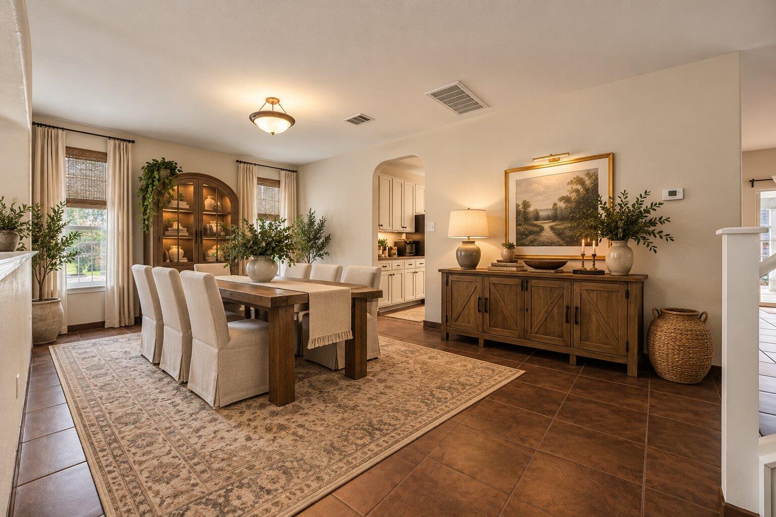 Dining room with a dark wood table, upholstered chairs, and a matching sideboard.
