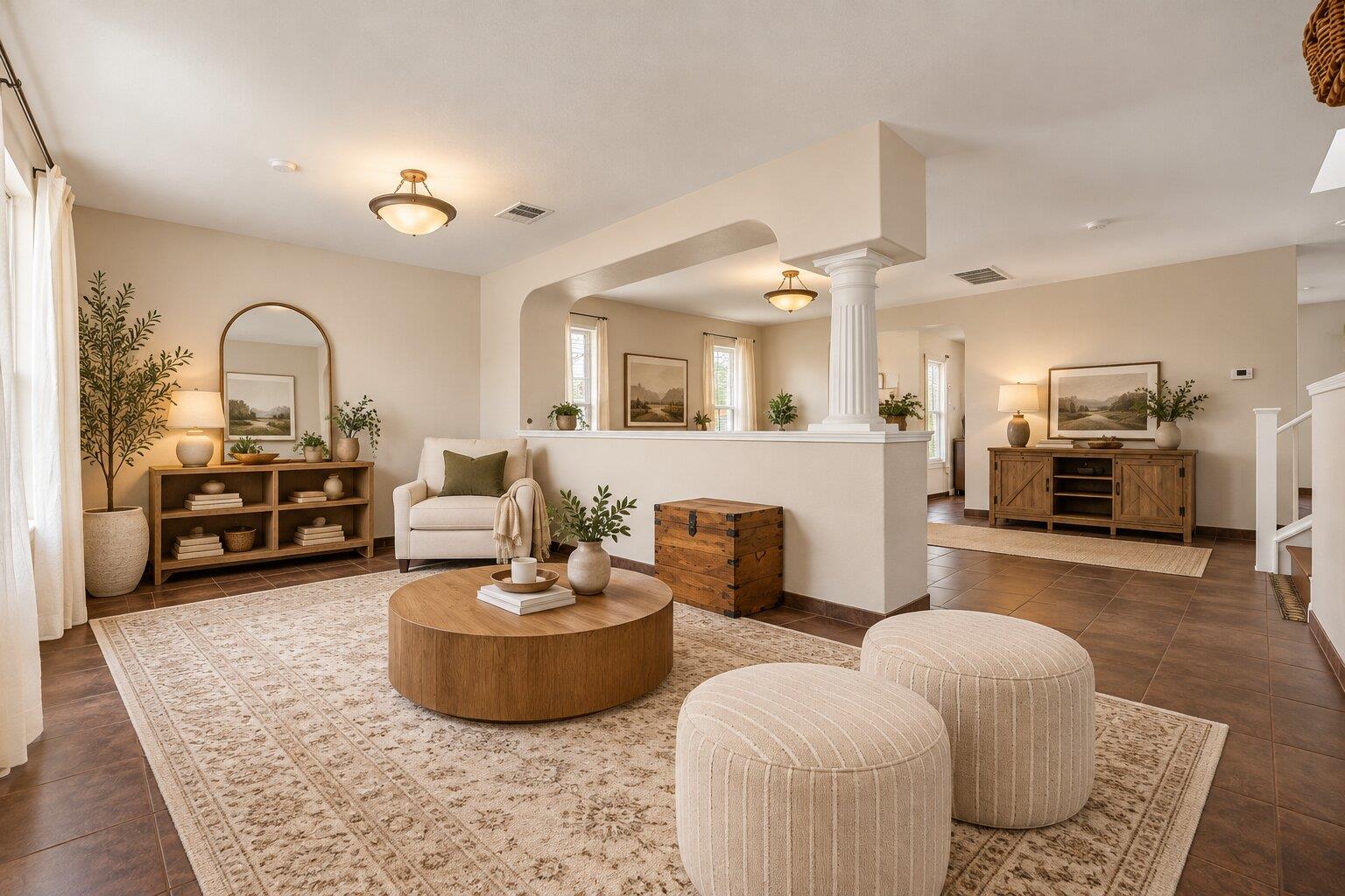 Staged living room with a round wood coffee table and arched opening.