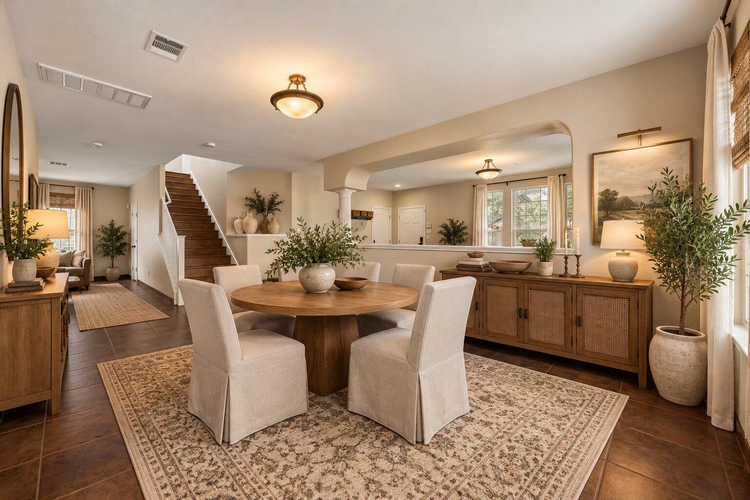 Dining room with a round wooden table, upholstered chairs, patterned rug, and staircase.