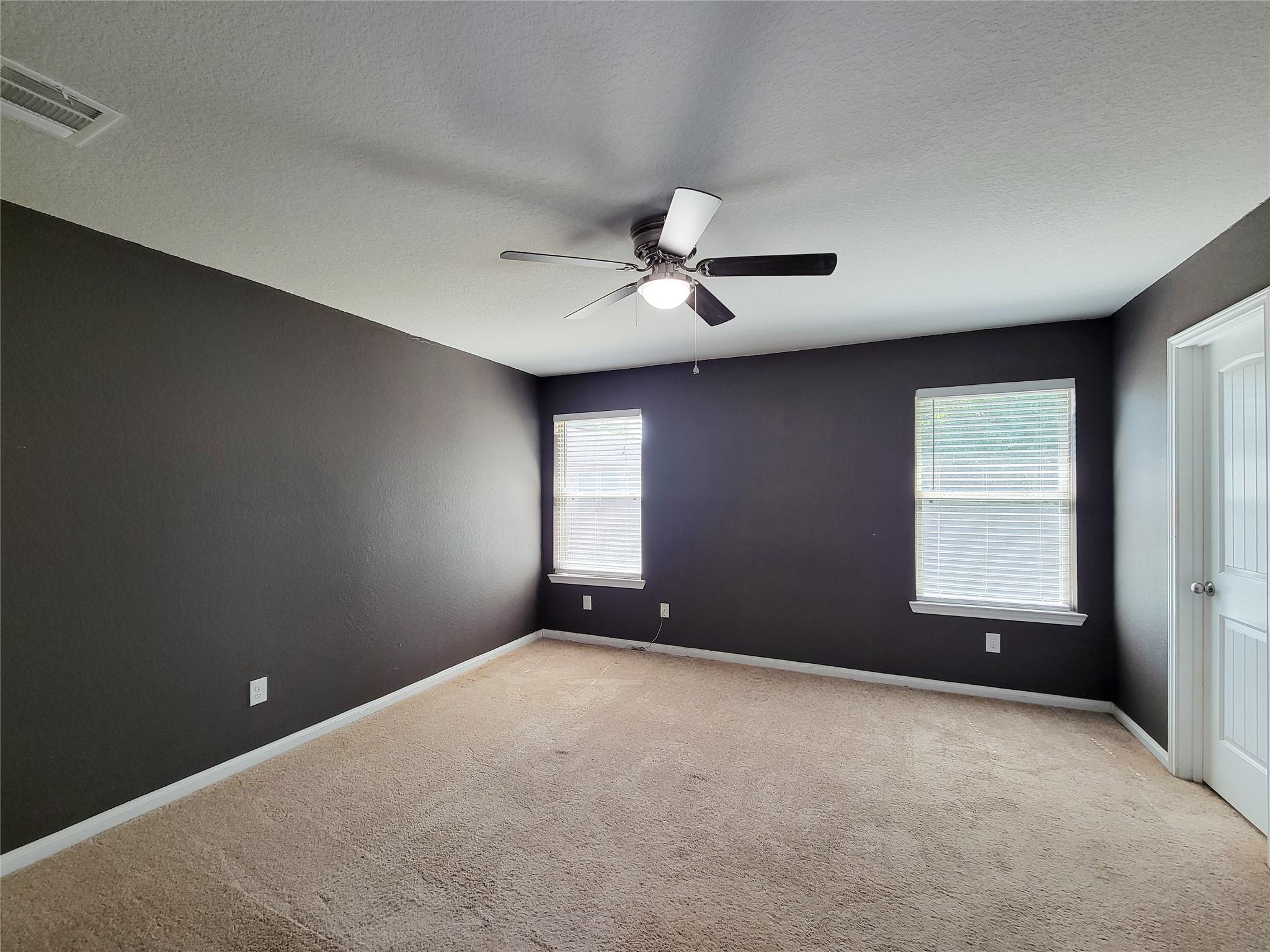 Empty bedroom with dark walls, beige carpet, two windows, and a ceiling fan.