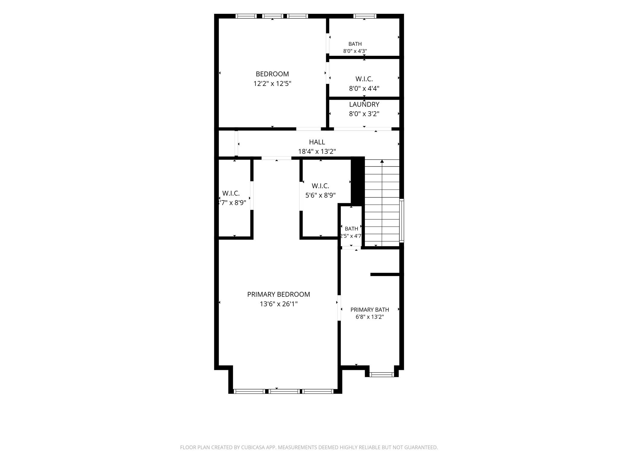 Floor plan showing a primary bedroom and bath, second bedroom, additional bath, walk-in closets, laundry, and staircase.