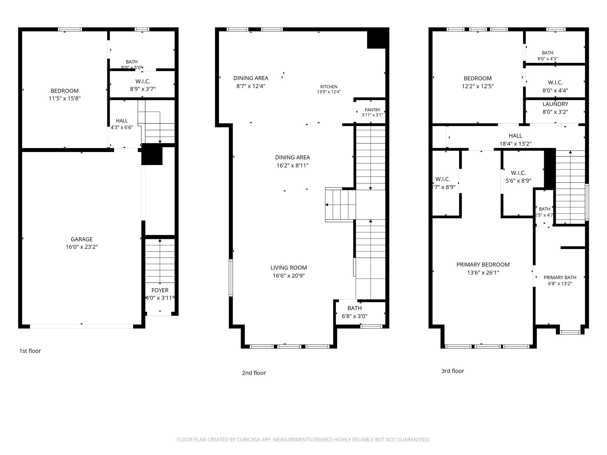 Three-story floor plan with garage and bedroom on the first floor, living areas on the second, and bedrooms on the third.