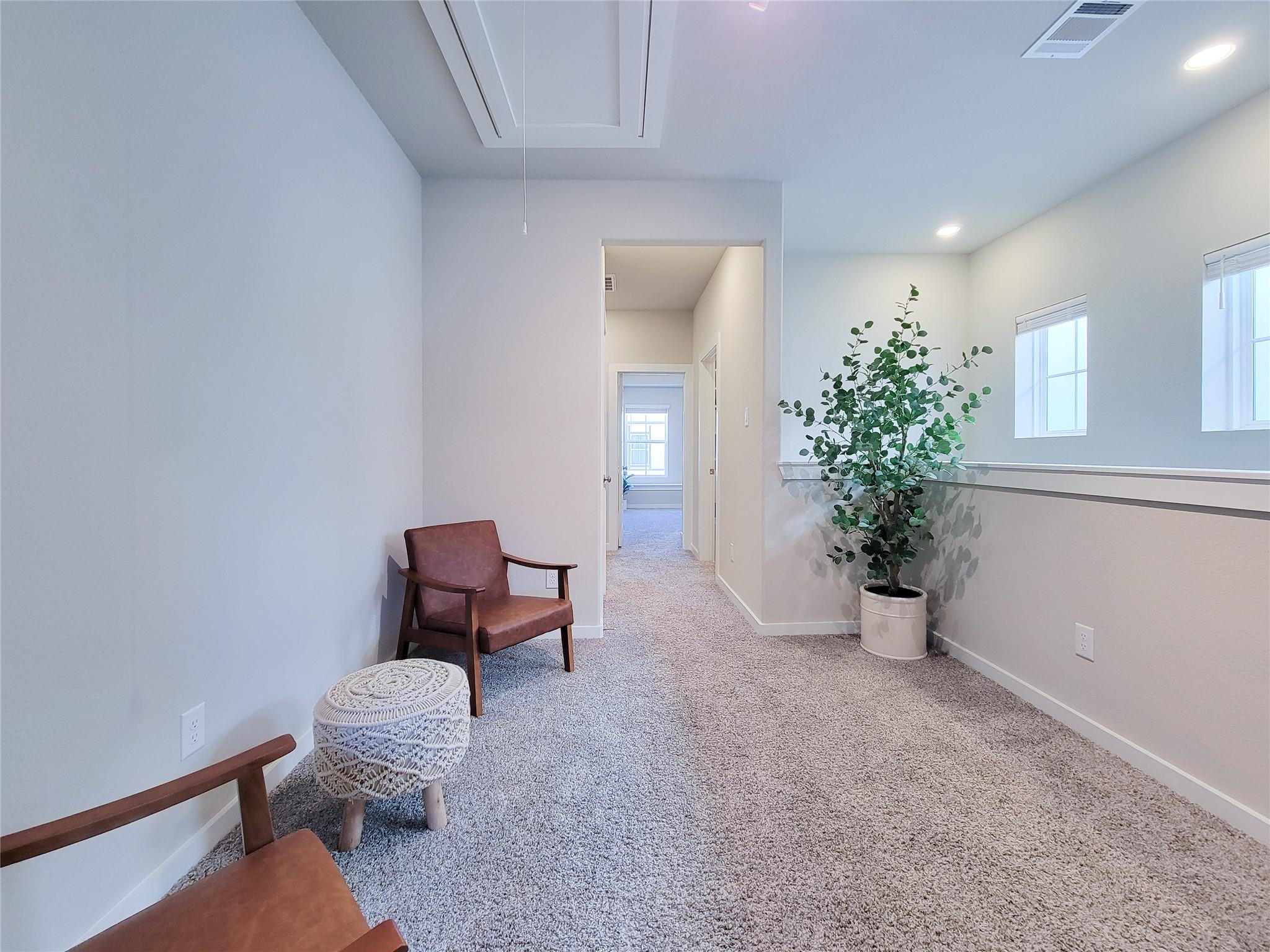 Upstairs landing with a brown armchair, potted tree, and windows beside a carpeted hallway.