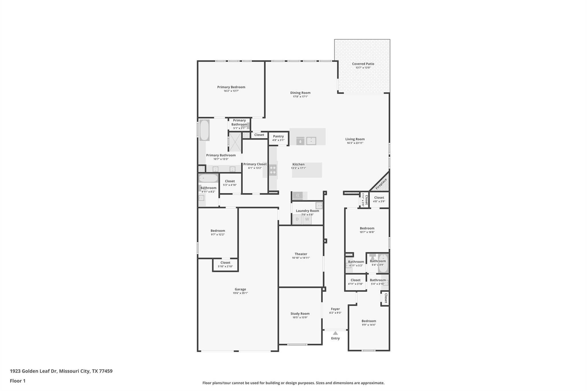 First-floor home plan with four bedrooms, a theater, study, garage, and covered patio.