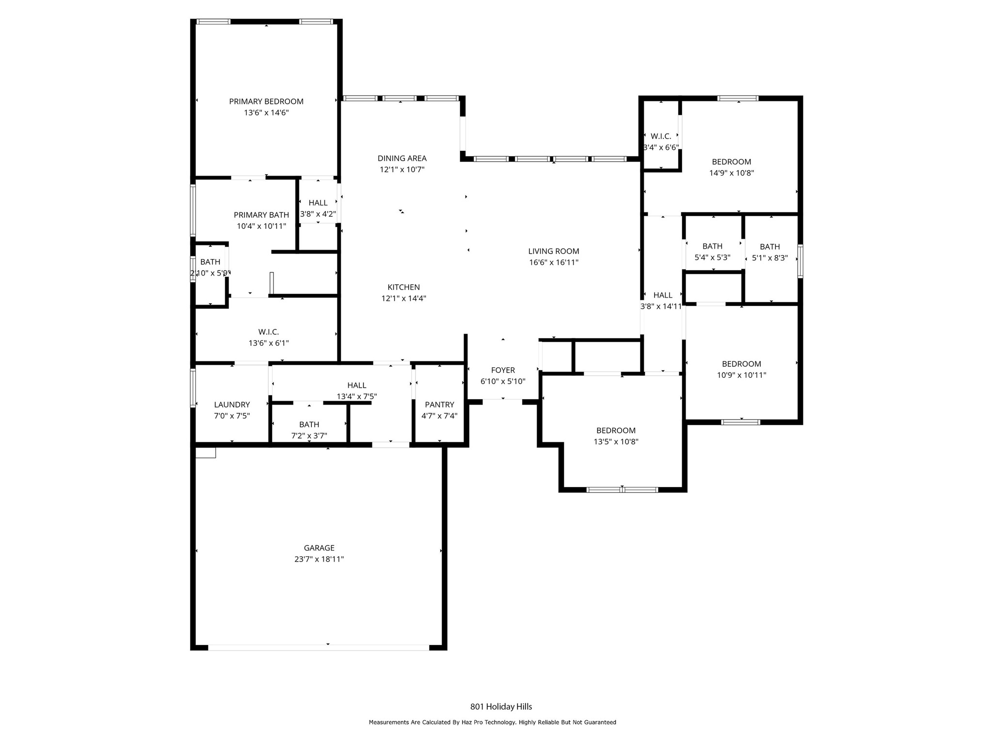 Floor plan for 801 Holiday Hills Drive, with labeled rooms and measurements.