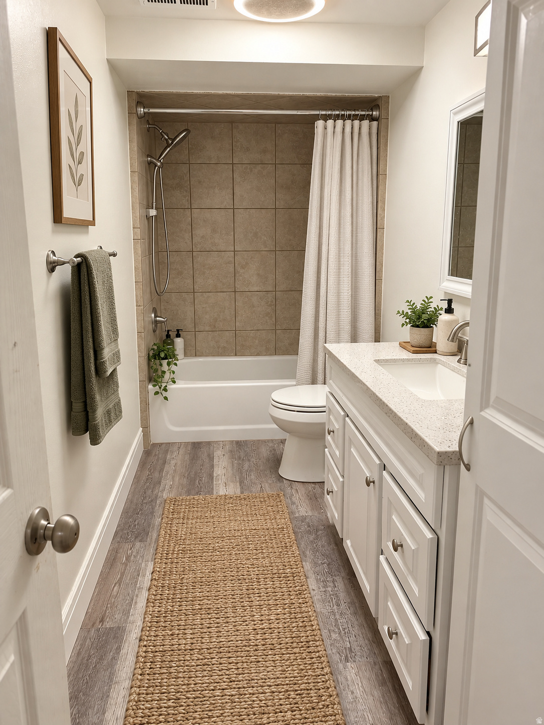 Bathroom with a tiled tub and shower, white vanity, and woven runner rug.