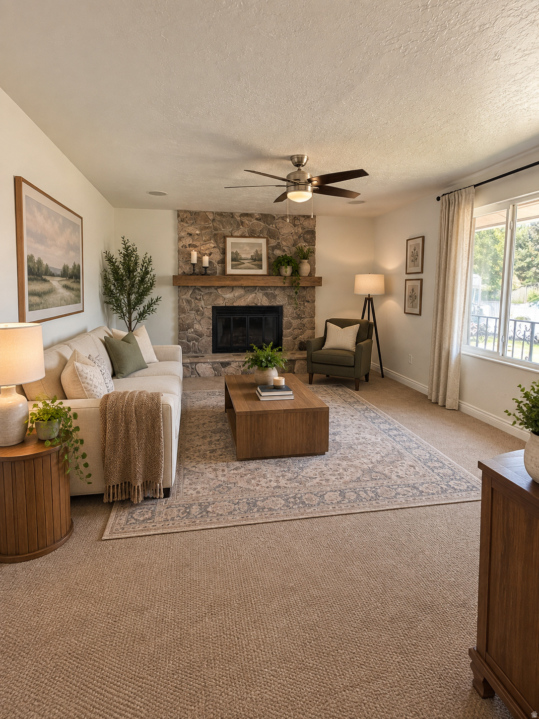 Staged living room with a stone fireplace, ceiling fan, and large sunlit window.