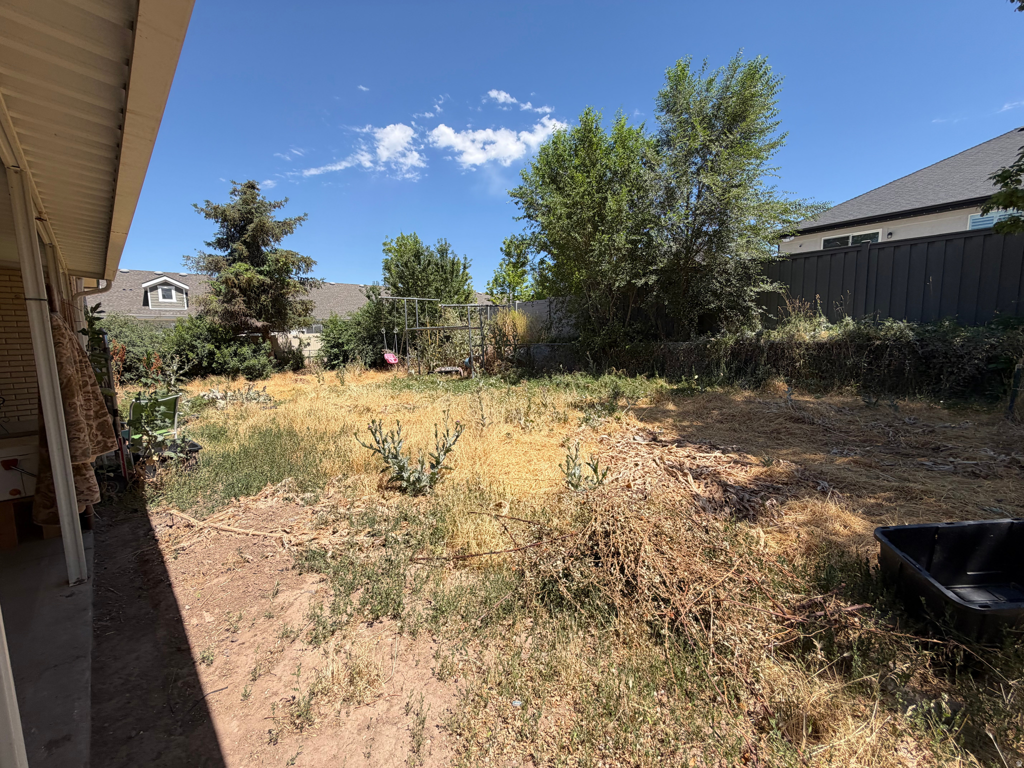 Overgrown backyard with dry grass, a swing set, and mature trees.