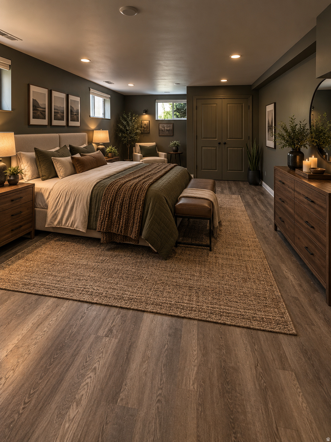 Furnished bedroom with a layered bed, dark olive walls, wood floors, and a large patterned rug.