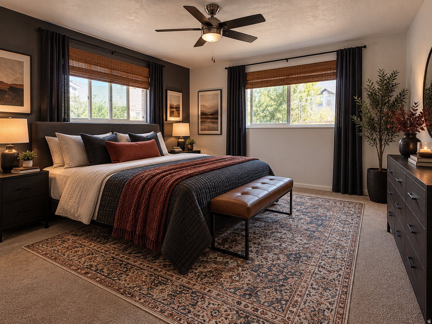 Furnished bedroom with layered bedding, a leather bench, patterned rugs, and two large windows.