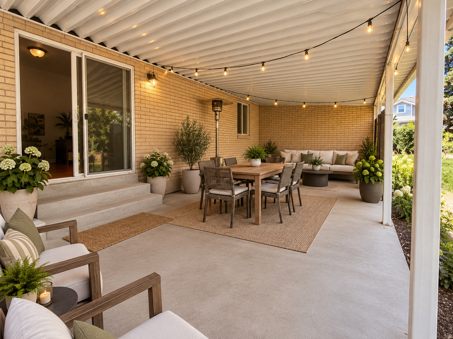 Covered brick patio with string lights, dining set, lounge seating, potted plants, and a patio heater.