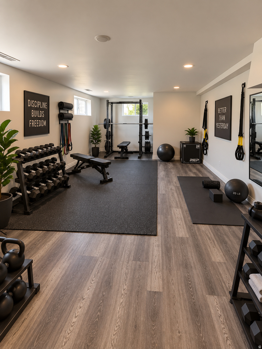 Home gym with weight racks and benches, motivational signs, and wood-look flooring.