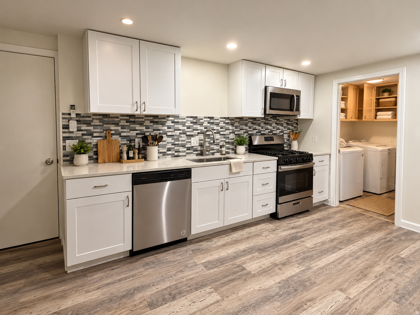 Kitchen with white cabinets, stainless steel appliances, patterned tile backsplash, and adjoining laundry room.