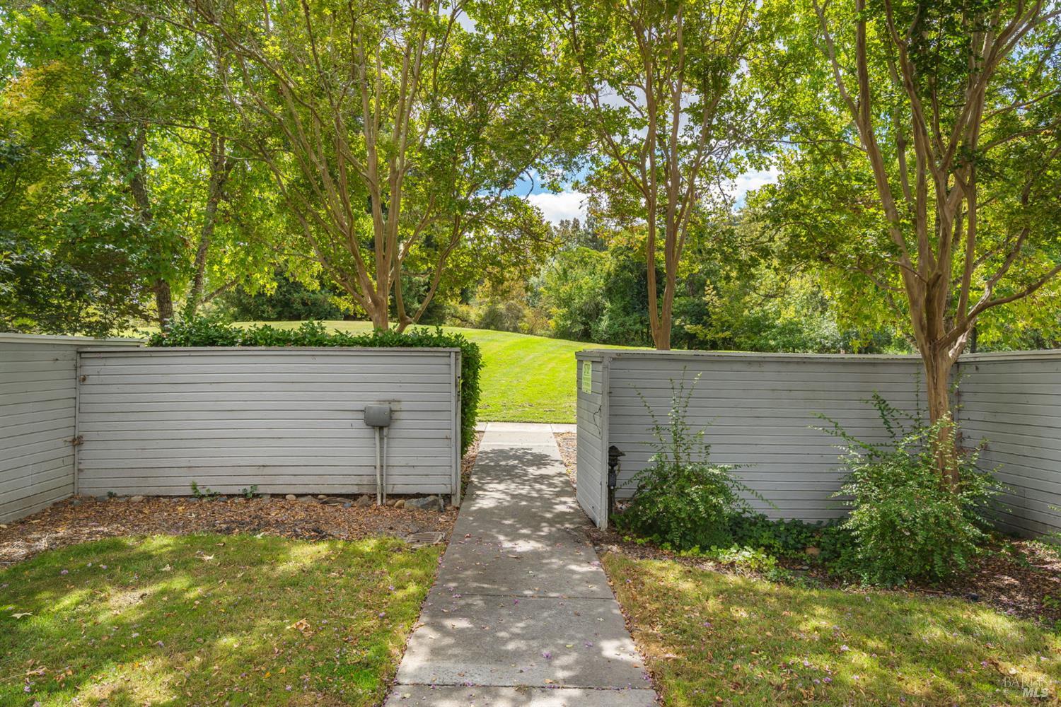 Walkway through a gray fence into a leafy, tree-shaded yard.