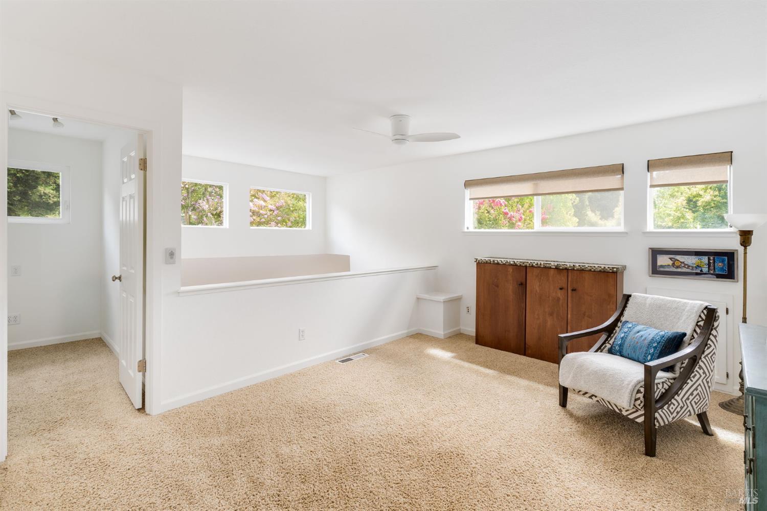 Carpeted room with a low divider, wooden cabinet, and cushioned chair beside bright windows.