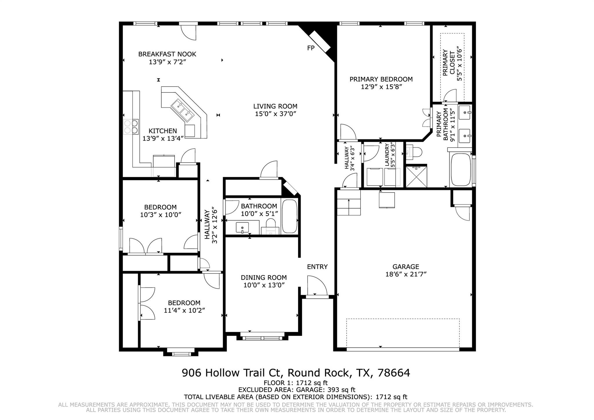 Floor plan of 906 Hollow Trail Ct showing three bedrooms, two bathrooms, an open living area, and garage.