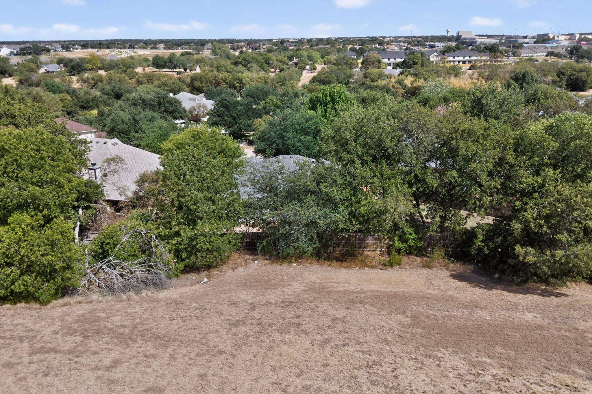 Aerial view of a dry grassy area bordered by dense trees, with neighborhood homes beyond.