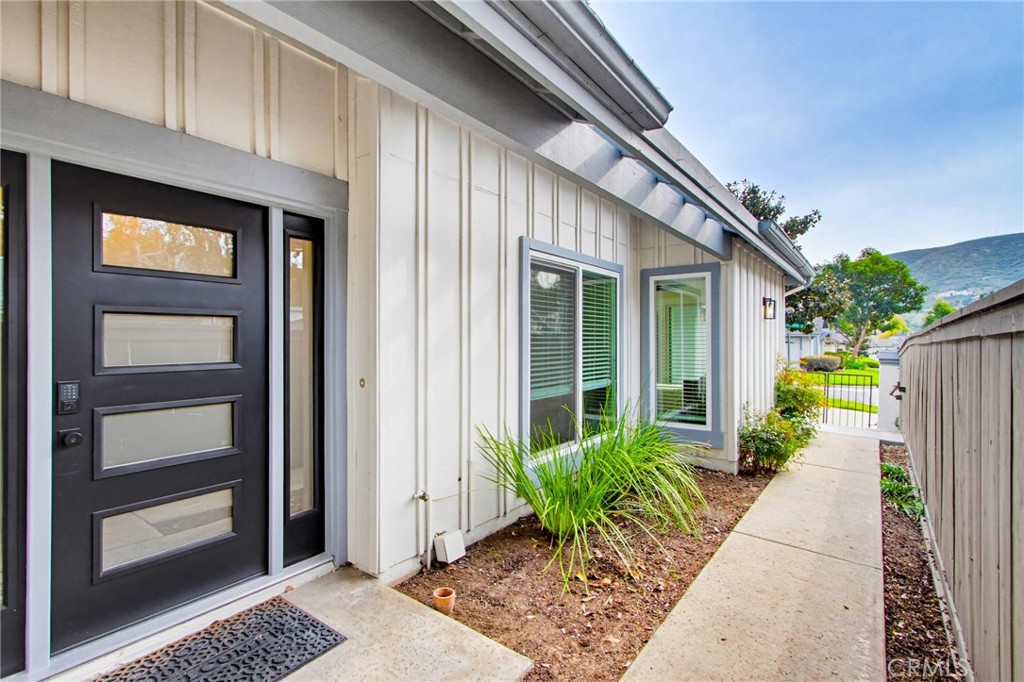 Home entry with a dark modern door and a narrow walkway beside landscaped beds.