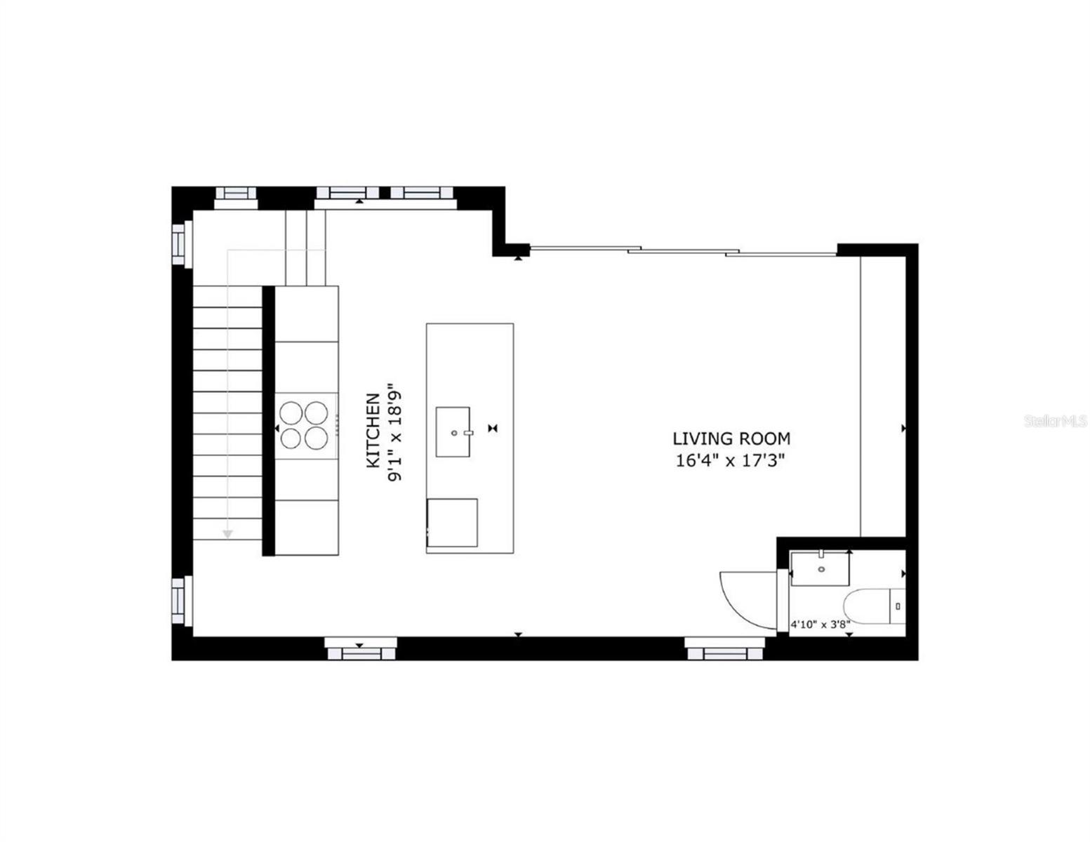 Floor plan showing the kitchen, living room, stairs, and a small bathroom.