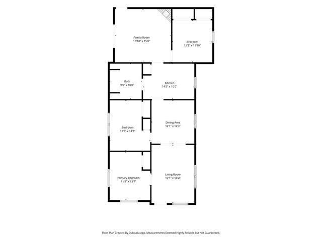 Floor plan with a kitchen, dining and living areas, family room, three bedrooms, and one bath.