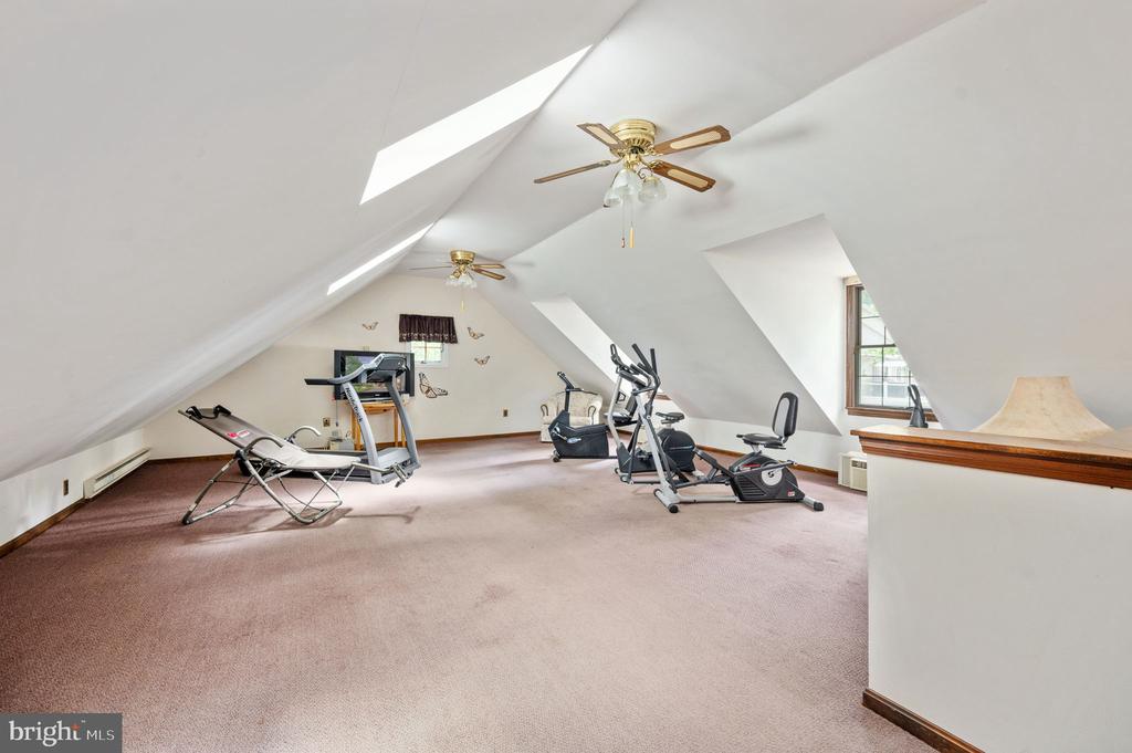 Attic exercise room with sloped ceilings, skylights, mauve carpet, treadmill, and exercise bikes.