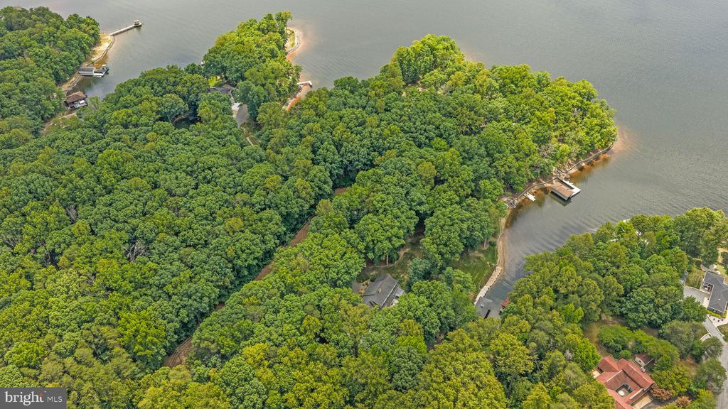 Wooded waterfront property extending into the lake, with several docks along its shoreline.