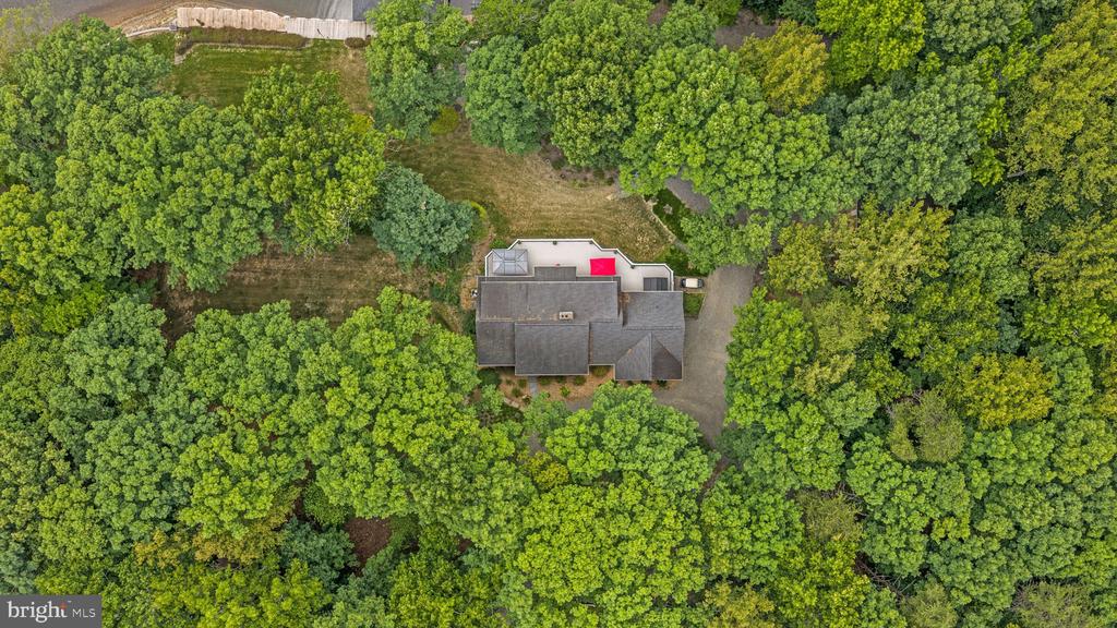 Aerial view of a house surrounded by dense trees, with a driveway and cleared lawn.