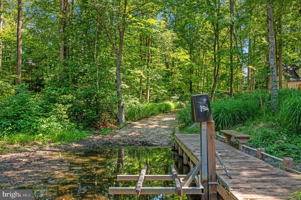 Wooden dock and mailbox beside a small inlet, with a path winding through dense trees.