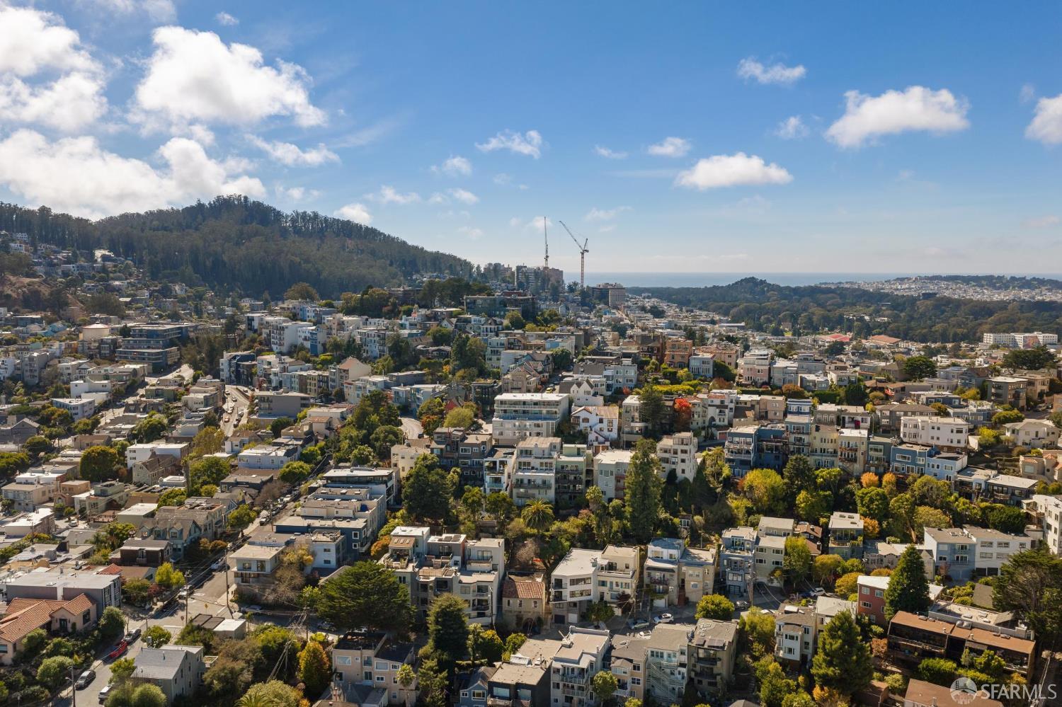 Aerial view of San Francisco neighborhoods, wooded hills, and construction cranes beneath a blue sky.