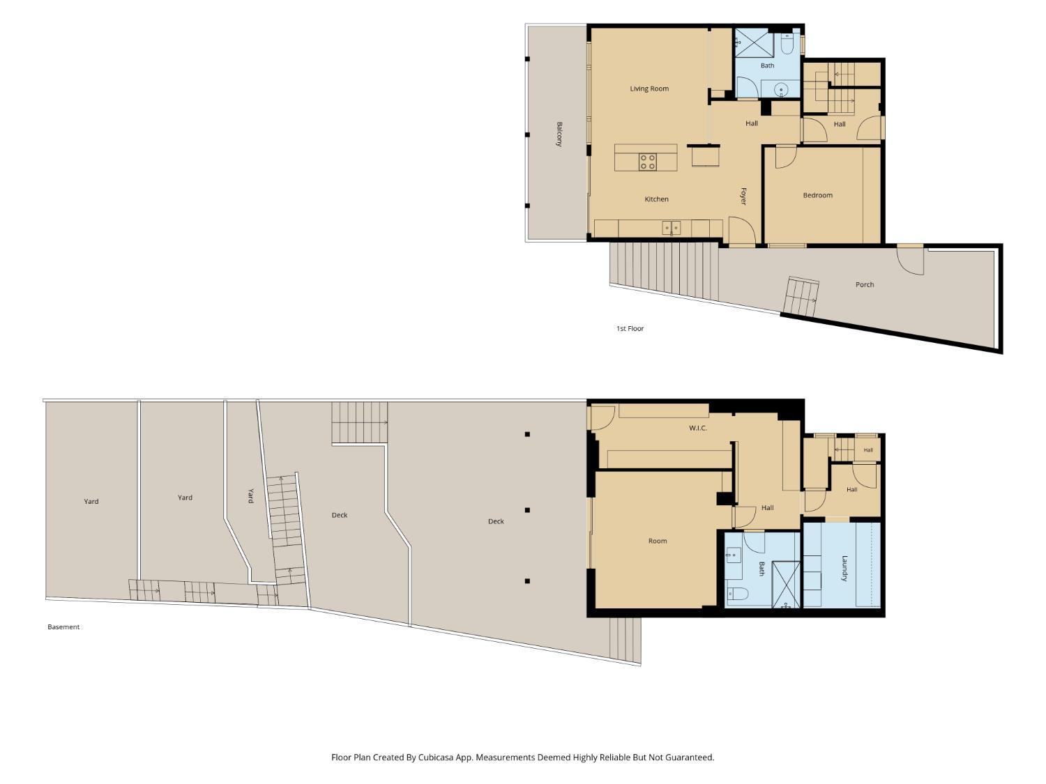 Floor plan showing the first floor and basement, with labeled rooms, decks, yards, a balcony, and porch.