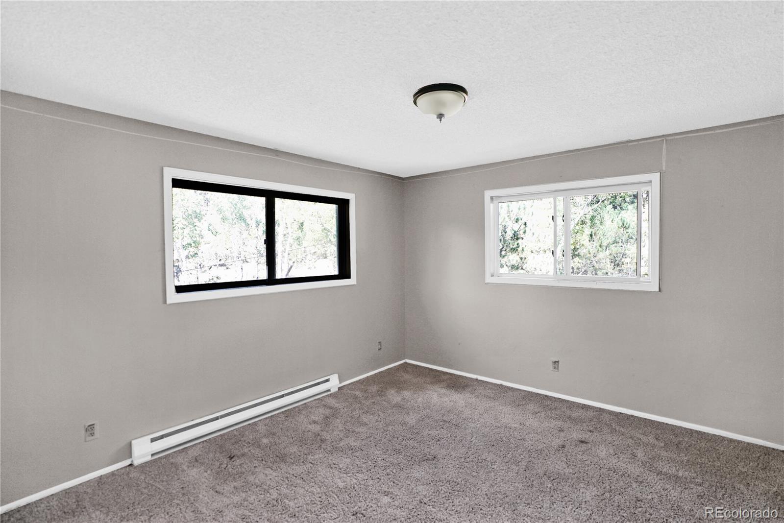 Empty carpeted bedroom with two windows and a white baseboard heater.